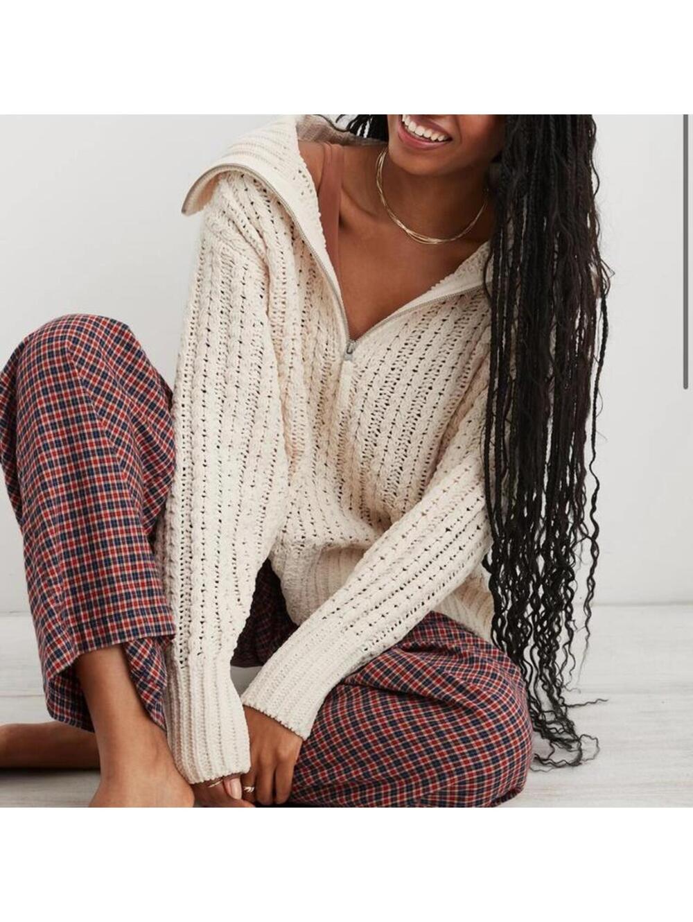 Aerie Cable Car Quarter Zip Chunky Sweater In Toasted Coconut Cream Women’s XS